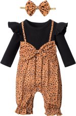 Queenstyle Newborn Baby Girl Clothes, Long Sleeve Ruffle Romper Jumpsuit Cute Infant Girl Fall Winter Outfits with Headband